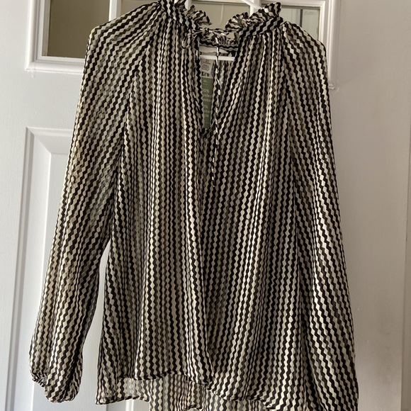 H&M Chevron Stripe Sheer Tunic Blouse, sz L black gray white - Picture 1 of 11